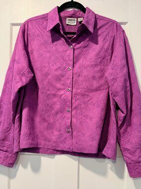 Vintage Chico's Design Dark Pink Fuschia Floral Embroidered Button-Front Blouse